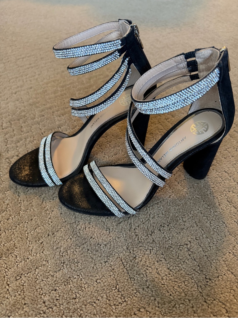 ANTONIO MELANI Black Rhinestone-Strap Block Heels